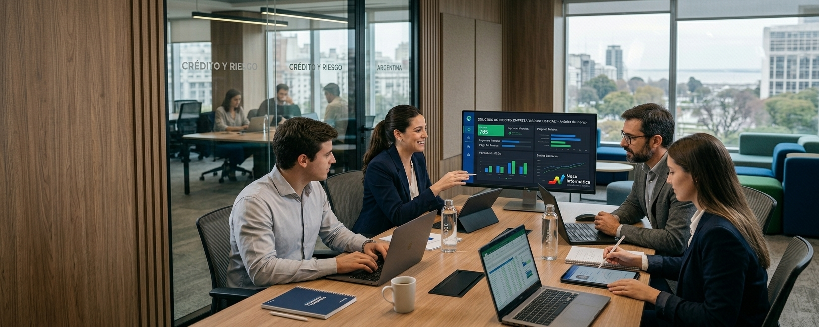 Equipo financiero trabajando con análisis de riesgo y operatoria integrada