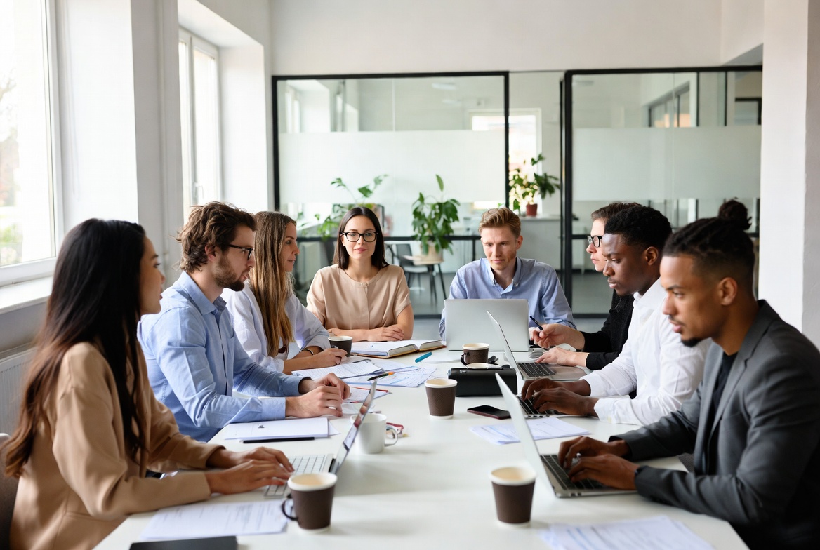 Equipo colaborando en un entorno de trabajo cercano